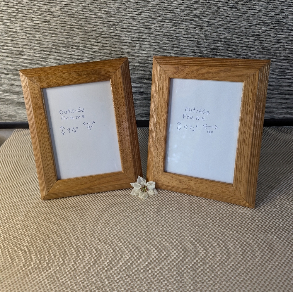 2 ea Wood Picture Frame Solid Oak glass rectangle stand or hang on wall Vtg.
